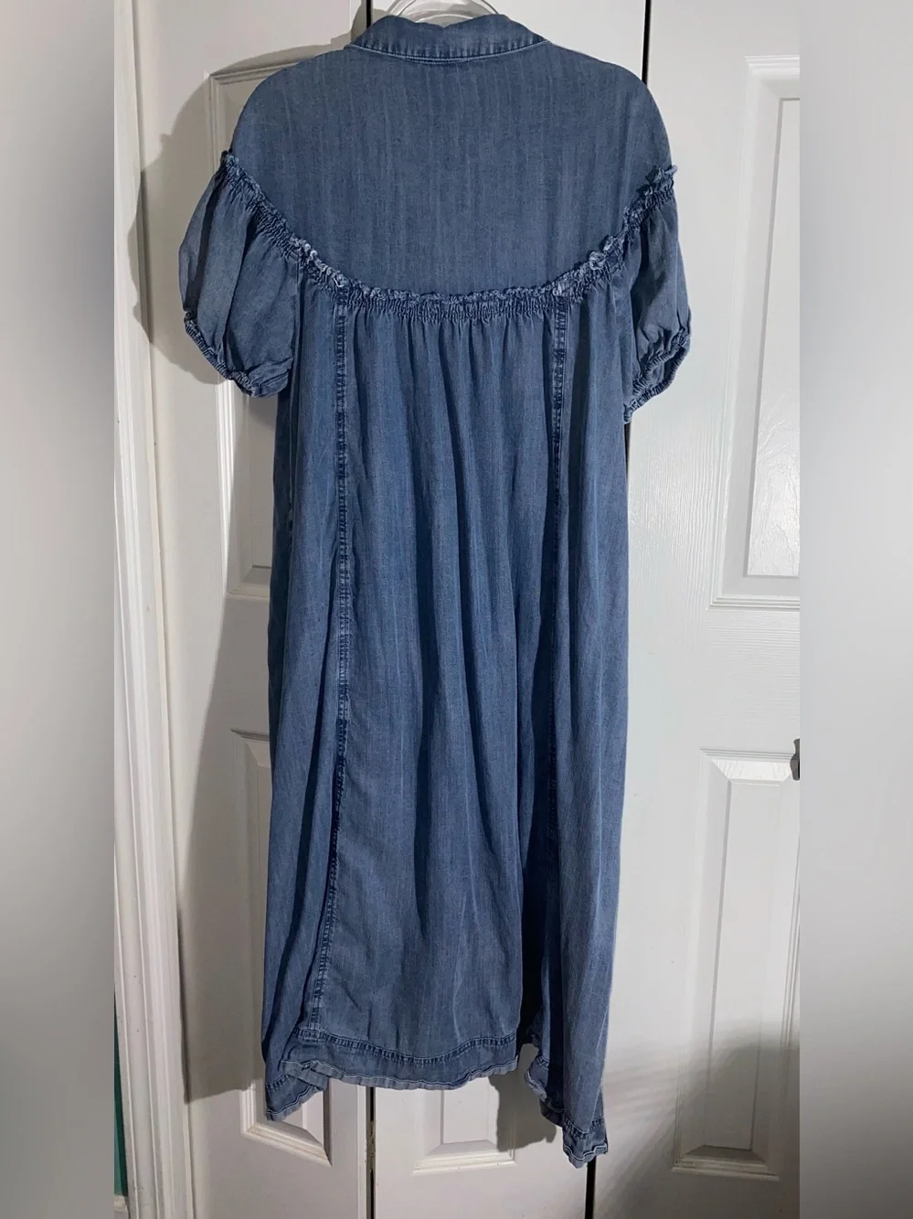 Easel Blue Denim Summer Boho Midi Dress Button M Puff Sleeve AA20 - Picture 6 of 10